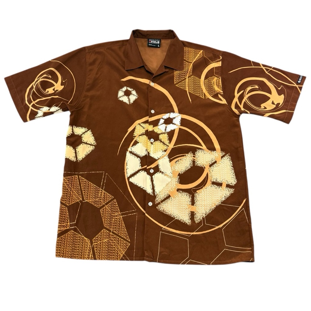 Vintage Y2K Southpole Button Up Shirt All Over Print Logo Brown Baggy Mens XXL